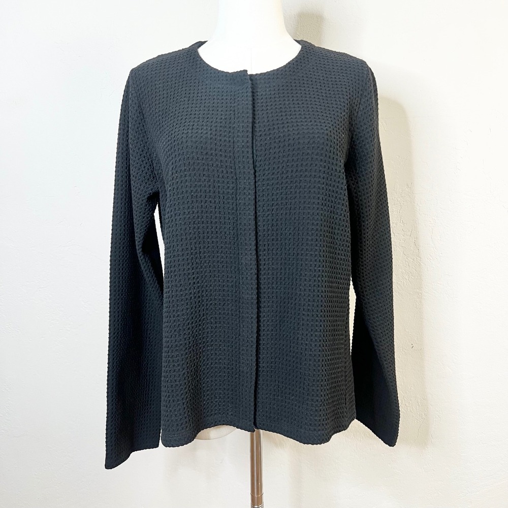 Eileen Fisher Black Waffle Knit Snap Front Jacket Italian Fabric Size Small